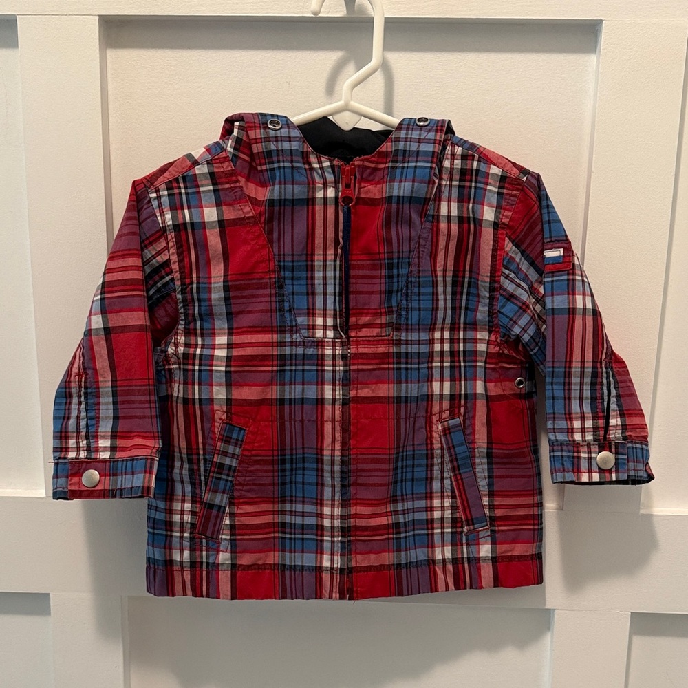 Kids GAP Red and Blue Plaid Hooded Full Zip Up Lite Weight Jacket 12-18 months